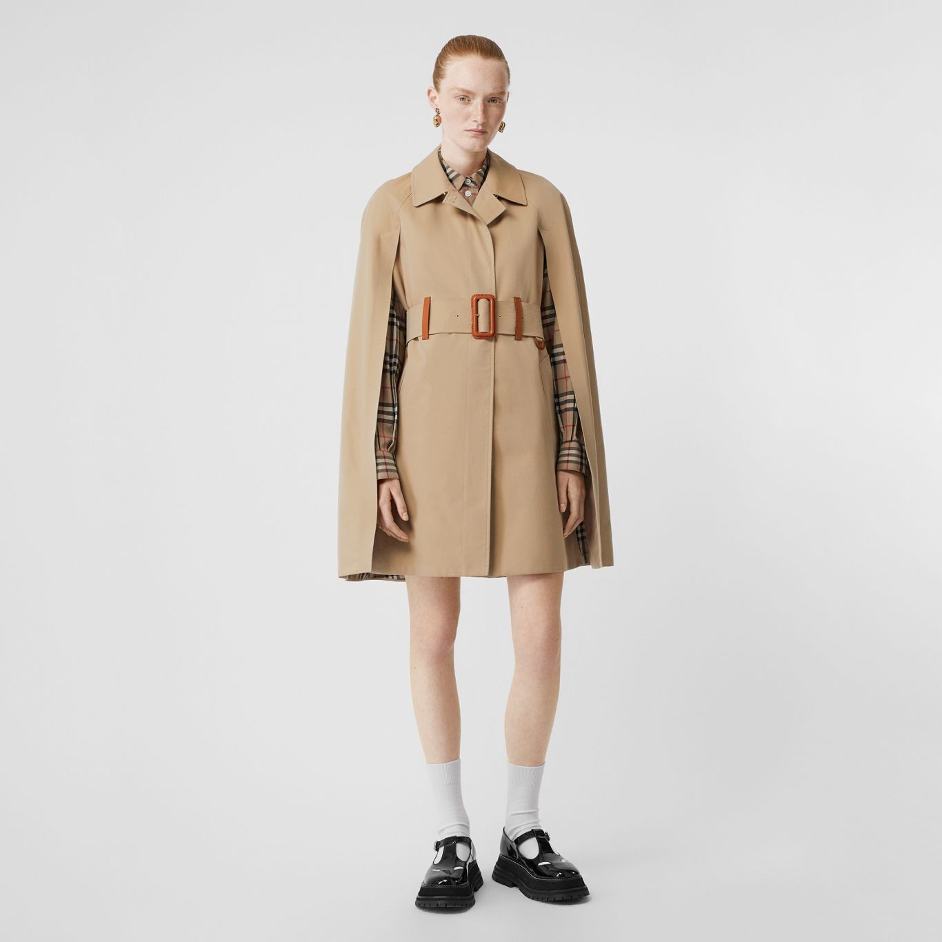 Leather Detail Cotton Gabardine Belted Cape